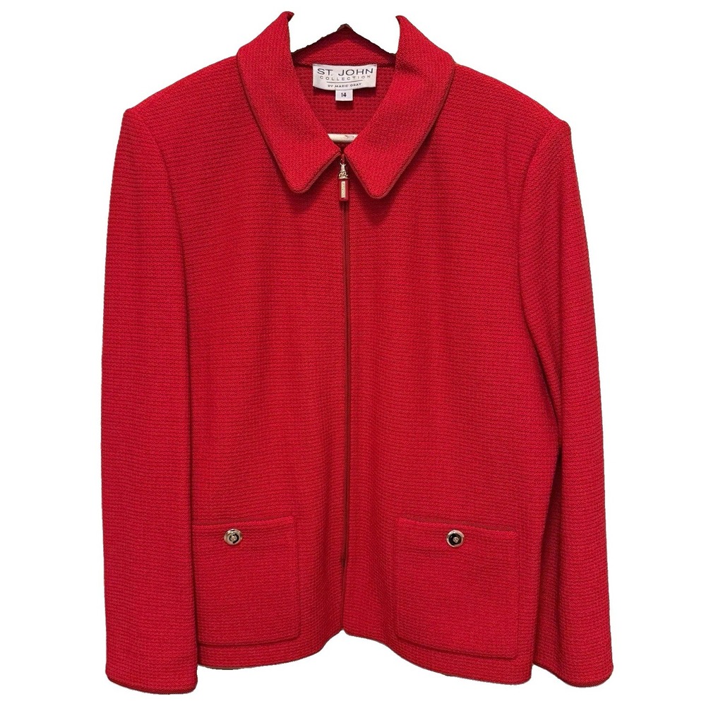 Vtg St. John Collection by Marie Gray red Santana knit zip jacket, Sz 14